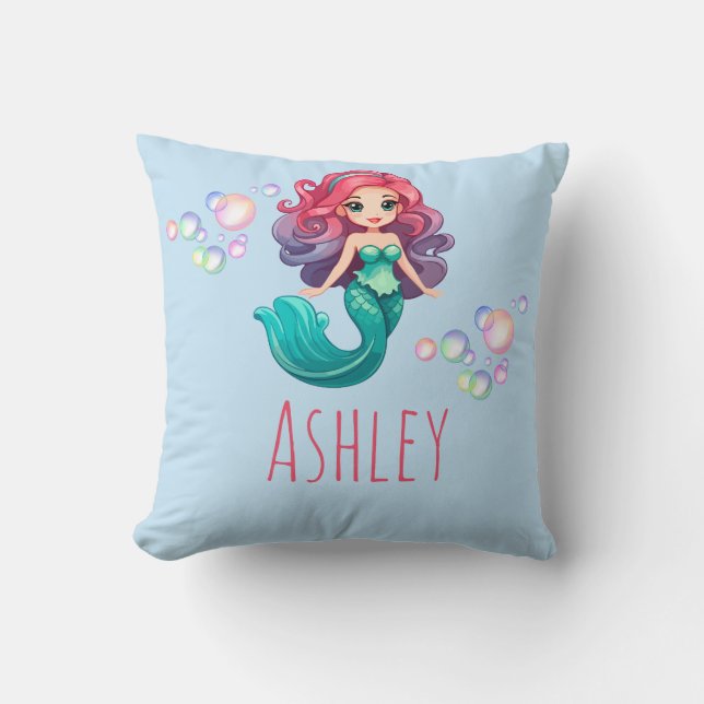 Mermaid Personalised Name Blue Accent Throw Pillow (Front)