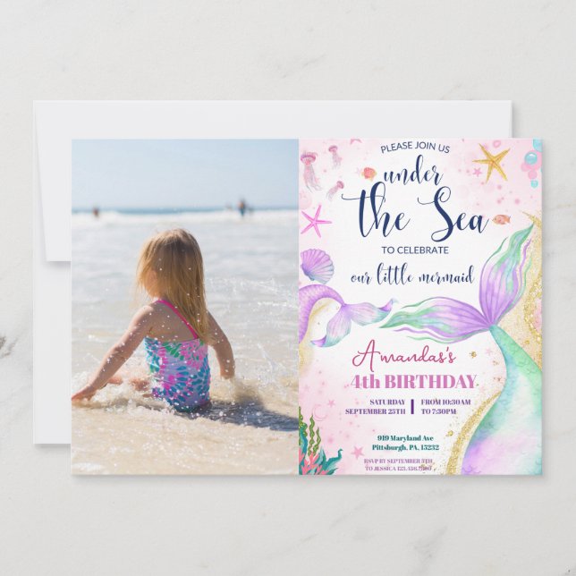 Mermaid Photo Watercolor Birthday Under the Sea Invitation (Front)