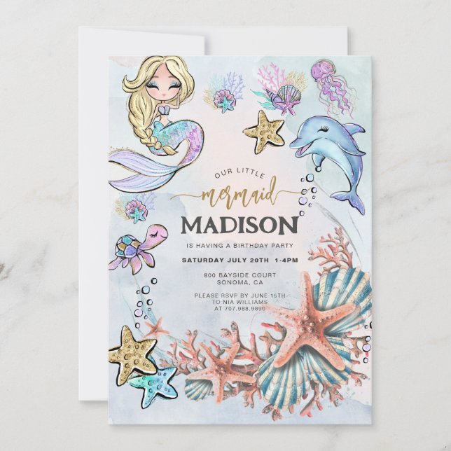 Mermaid Pink Blue Birthday Invitation (Front)