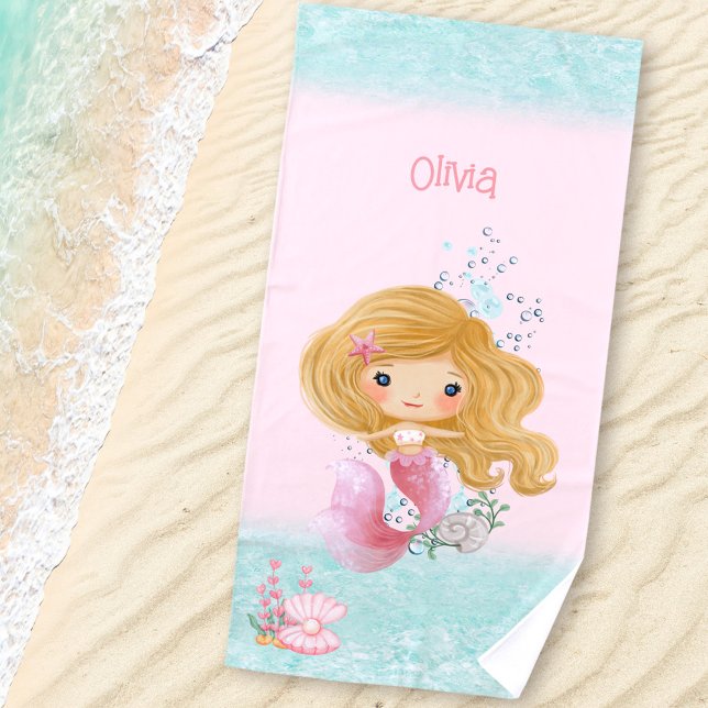 Mermaid Pink Blue Blonde Hair Girl Name Beach Towe Towel (Mermaid Pink Blue Blond Hair Girl Name Beach Towel)