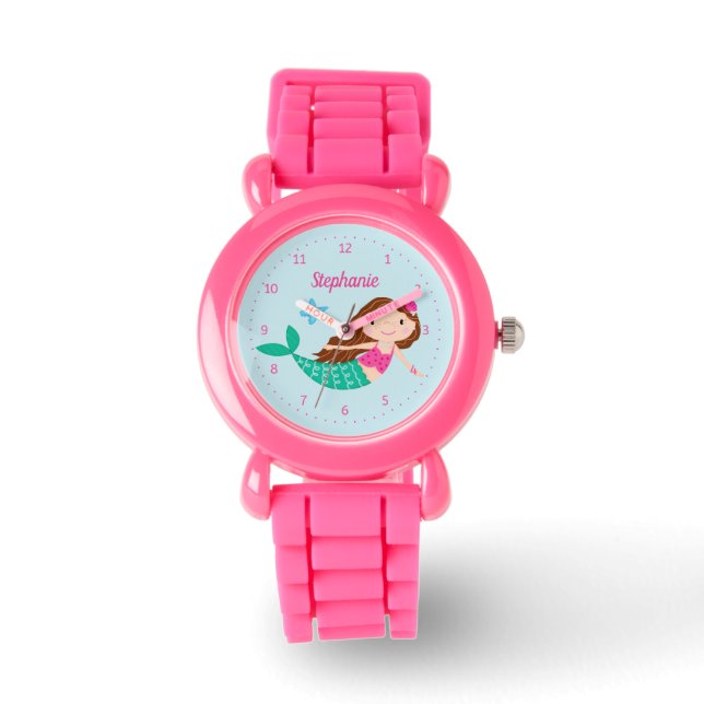 Mermaid Pink Blue Cute Personalised Watch (Front)