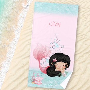 Mermaid Pink Blue Dark Hair Girl Name Beach Towel