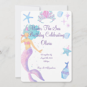 Mermaid pink girl seashells birthday invitation 