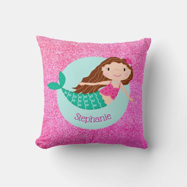 Mermaid Pink Glitter Girly Personalised Cushion (Front)