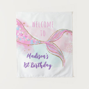 Mermaid Pink Gold Birthday Backdrop Tapestry
