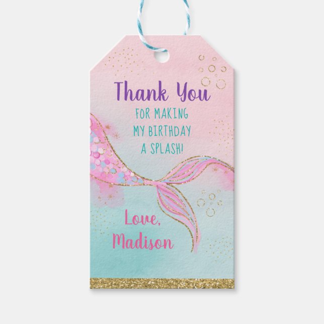 Mermaid Pink Gold Birthday Gift Tags (Front)
