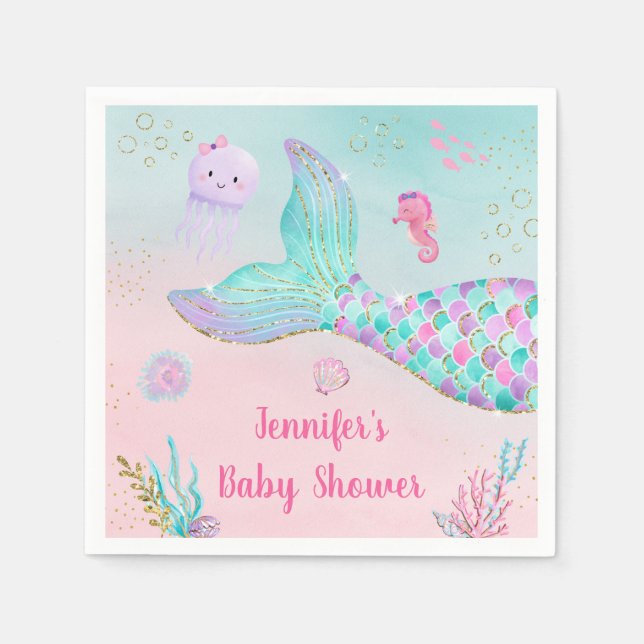 Mermaid Pink Gold Under The Sea Baby Shower Napkin (Front)