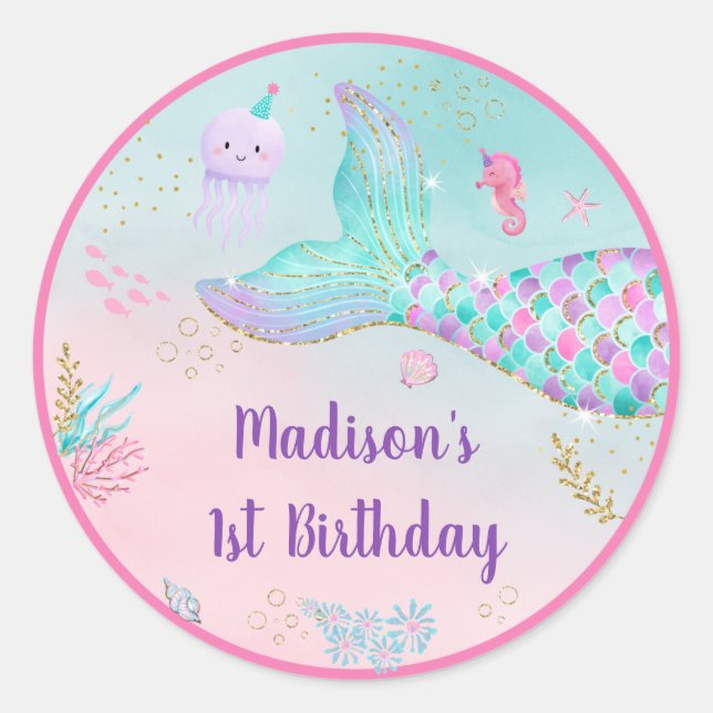 Mermaid Pink Gold Under The Sea Birthday Classic Round Sticker (Front)