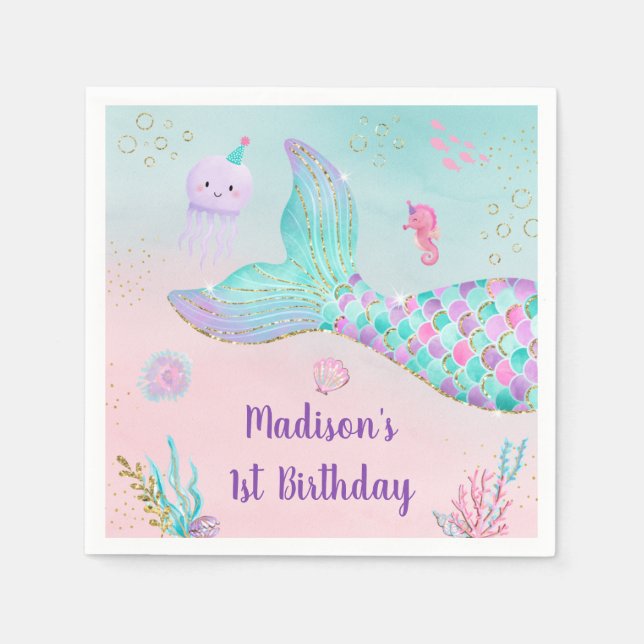 Mermaid Pink Gold Under The Sea Birthday Napkin (Front)