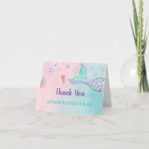 Mermaid Pink Gold Under The Sea Birthday Thank You Card