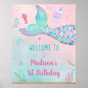 Mermaid Pink Gold Under The Sea Birthday Welcome Poster
