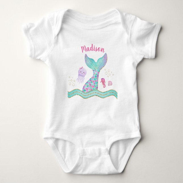 Mermaid Pink Gold Under The Sea Girl Baby Bodysuit (Front)