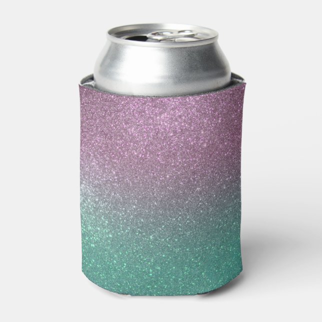 Mermaid Pink Green Sparkly Glitter Ombre Can Cooler (Can Front)