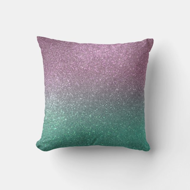 Mermaid Pink Green Sparkly Glitter Ombre Cushion (Front)