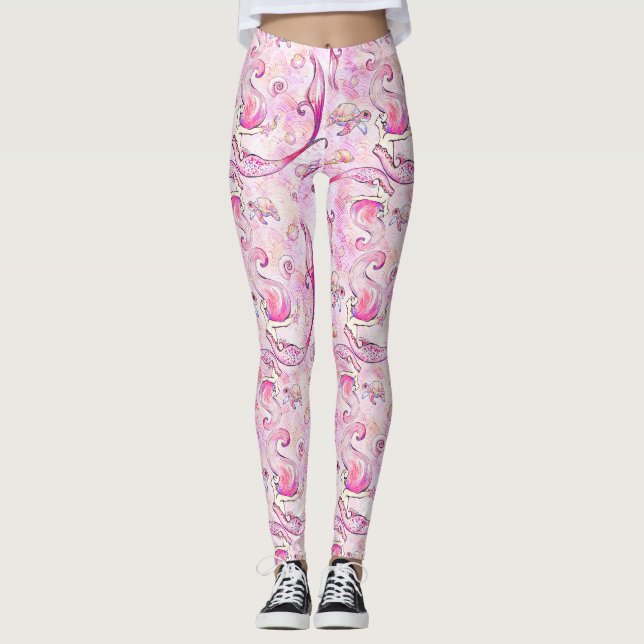 Mermaid pink lavender sea turtle ocean leggings (Front)