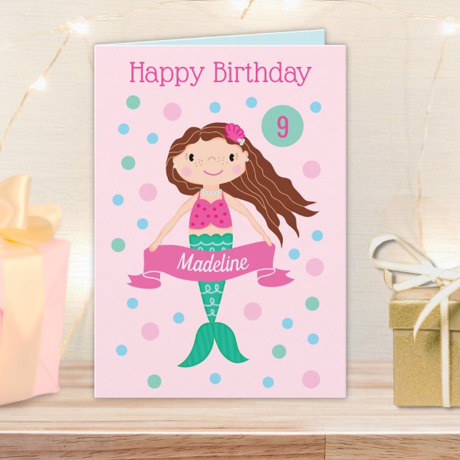 Mermaid Pink Personalised Age & Name Birthday Card (Creator Uploaded)