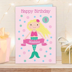 Mermaid Pink Personalised Age & Name Cute Birthday Card