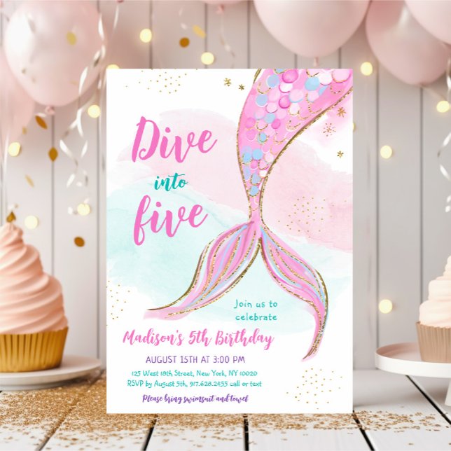 Mermaid Pink Purple 5th Birthday Invitation (Creator Uploaded)