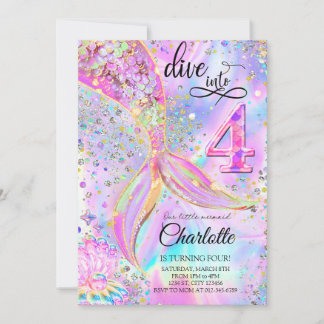 Mermaid Pink Purple Birthday Dive into Four  Invitation