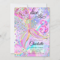 Mermaid Pink Purple Birthday Dive into Three