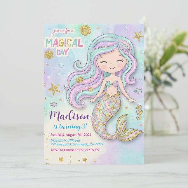 Mermaid Pink Purple Birthday Invitation (Standing Front)