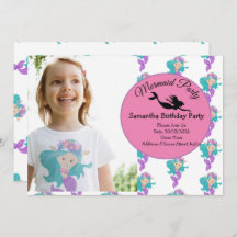 Mermaid Pink Purple Birthday Party Invitation