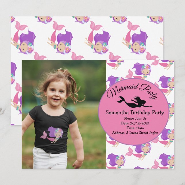 Mermaid Pink Purple Birthday Party Invitation (Front/Back)