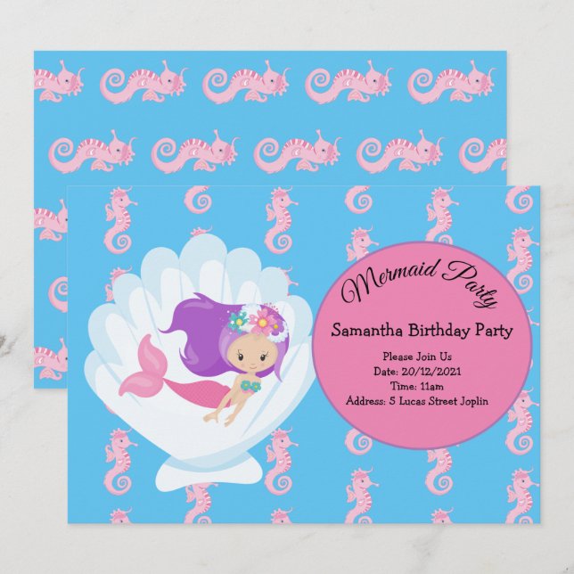 Mermaid Pink Purple Birthday Party Invitation (Front/Back)