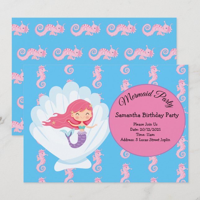 Mermaid Pink Purple Birthday Party Invitation (Front/Back)