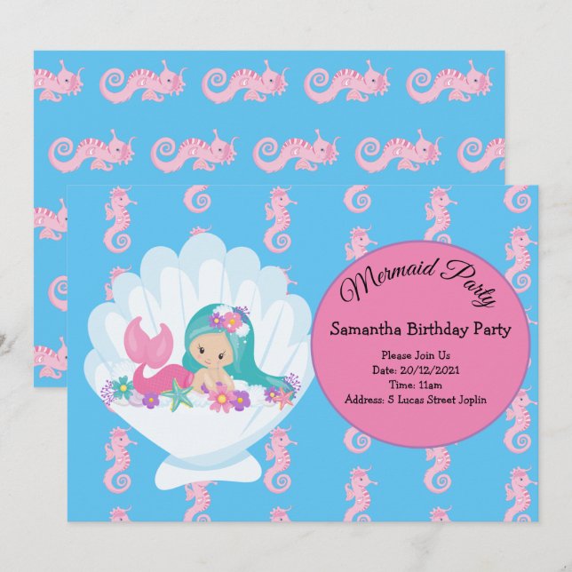 Mermaid Pink Purple Birthday Party Invitation (Front/Back)