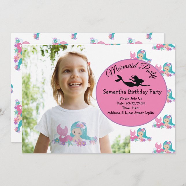 Mermaid Pink Purple Birthday Party Invitation (Front/Back)
