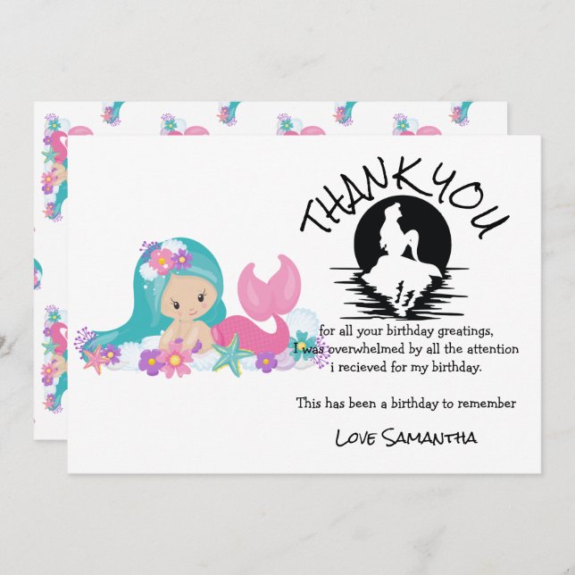 Mermaid Pink Purple Birthday Party Thank You  Invitation (Front/Back)