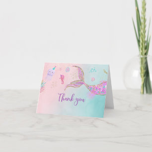 Mermaid Pink Purple Birthday Thank You Card