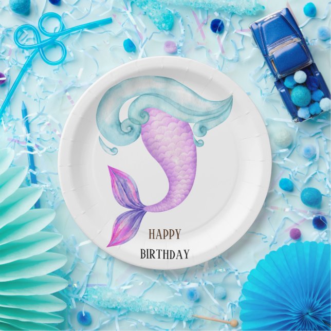 Mermaid pink purple blue birthday party  paper plate (Party)