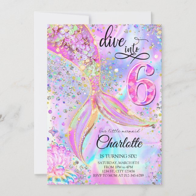 Mermaid Pink Purple Dive into Six 6th Birthday  Invitation (Front)
