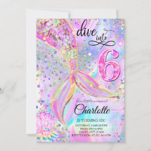 Mermaid Pink Purple Dive into Six 6th Birthday  Invitation