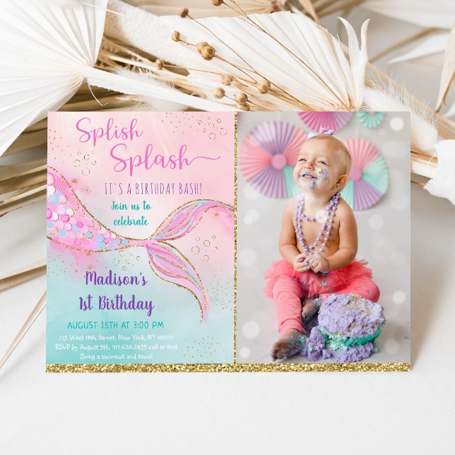 Mermaid Pink Purple First Birthday Invitation (Creator Uploaded)