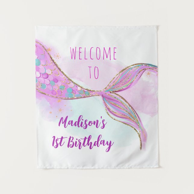 Mermaid Pink Purple Gold Birthday Backdrop Tapestry (Front)