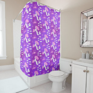 Mermaid Pink Purple Ocean Fish Crab Pattern Shower Curtain