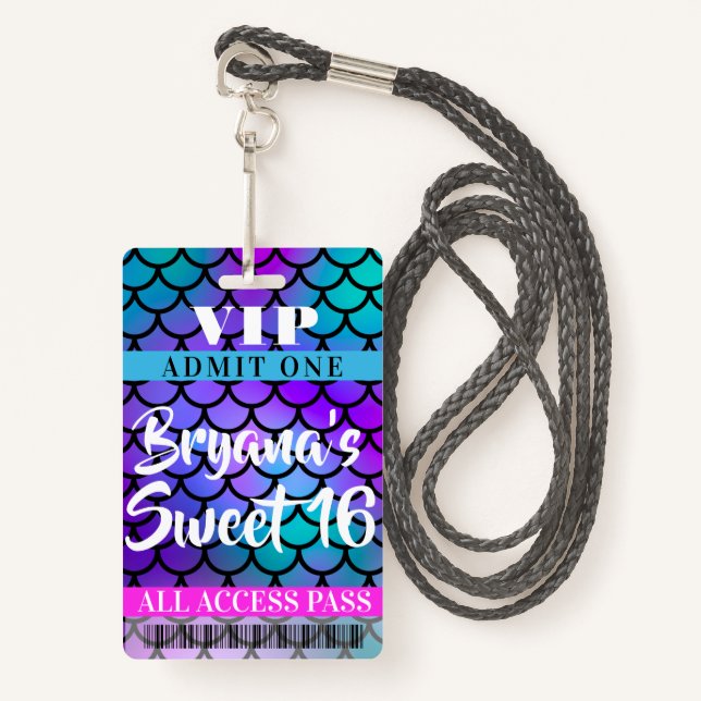 Mermaid Pink Purple Teal Party Sweet 16 VIP Pass ID Badge (Front with Lanyard)