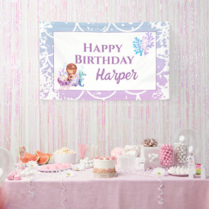 Mermaid Pink Purple Under the sea Birthday Banner