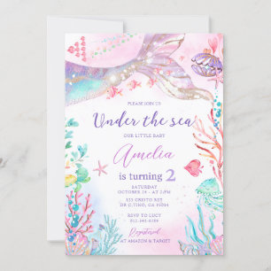 Mermaid Pink Purple Under the Sea Birthday Invitation