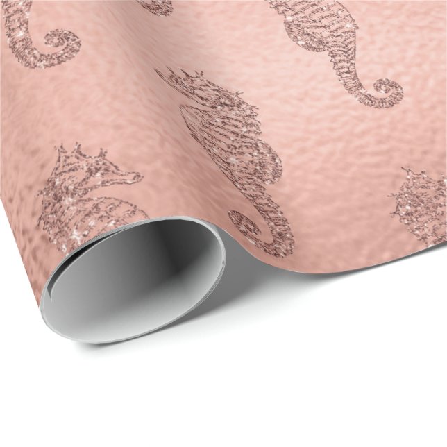 Mermaid Pink Rose Gold Pink Princess Seahorse Wrapping Paper (Roll Corner)