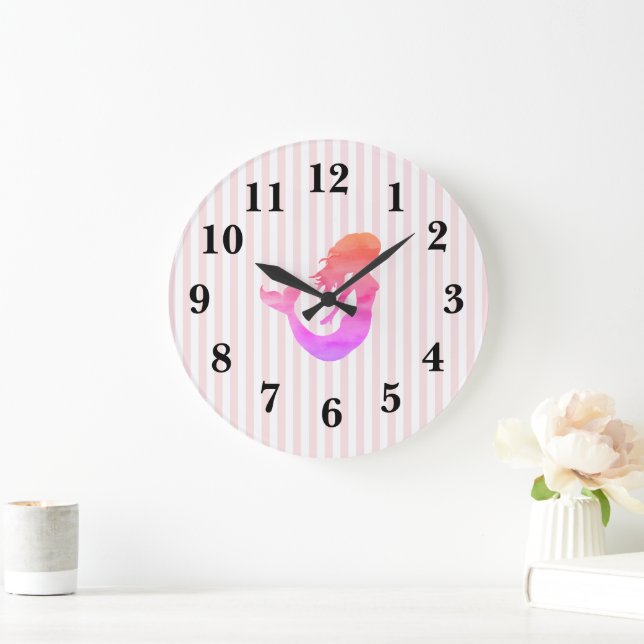 Mermaid Pink Stripe Preppy Large Clock (Home)