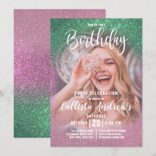 Mermaid Pink Triple Glitter Ombre Photo Birthday Invitation