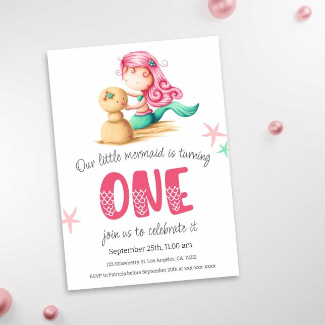 Mermaid Pink Turquoise 1st Birthday Party  Invitation (Exclusive Mermaid First Birthday Illustrated Party Invitation)