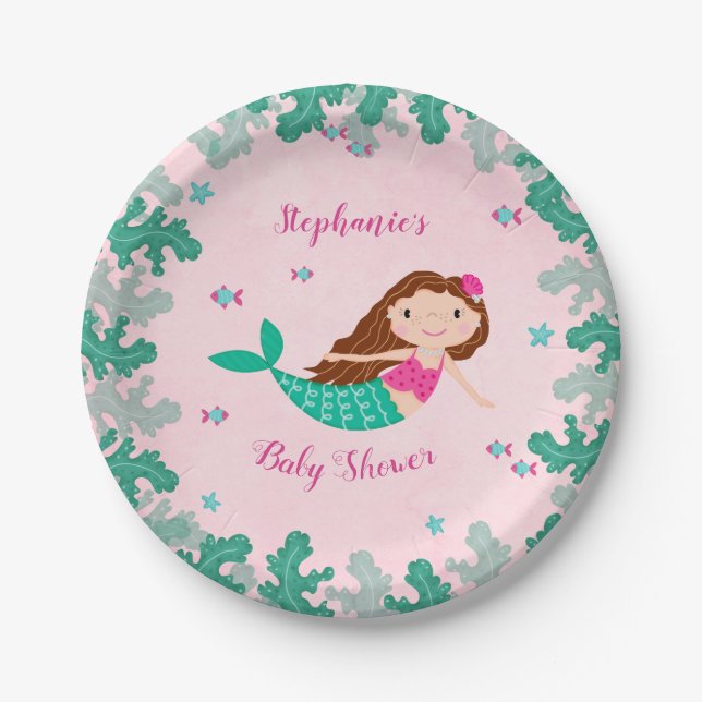 Mermaid Pink Under The Sea Baby Shower Paper Plate (Front)
