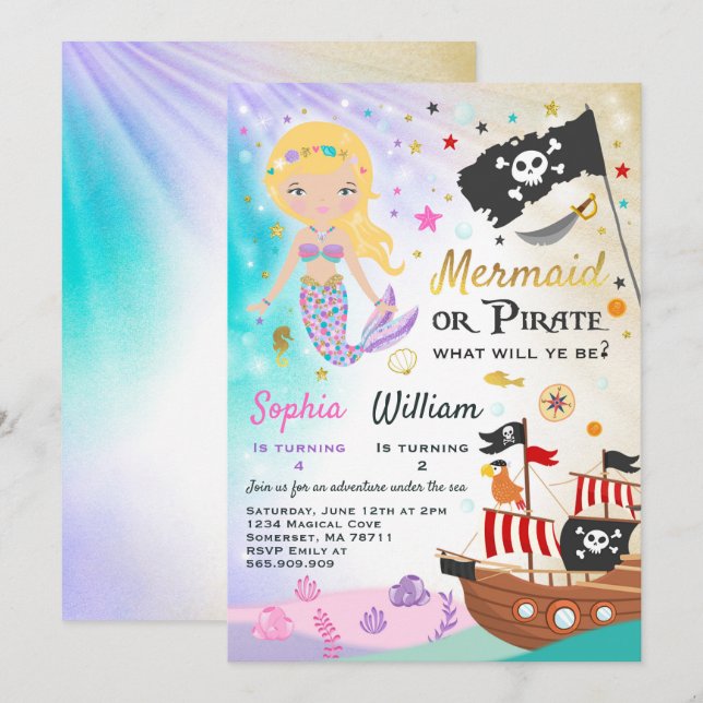 Mermaid Pirate Birthday Invitation Siblings Party (Front/Back)
