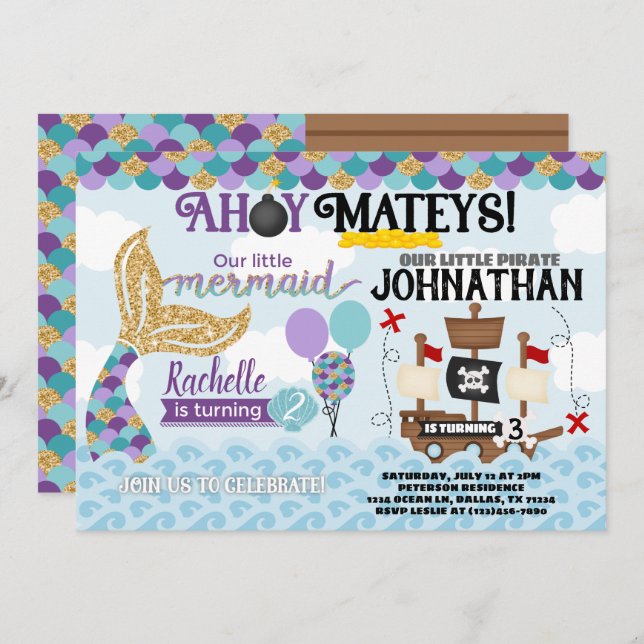 Mermaid Pirate Birthday Party Invitation (Front/Back)
