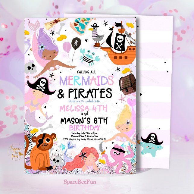 Mermaid & Pirate Birthday Party Invitation Under (Mermaid And Pirate,Birthday Party,Invitation Sibling's birthday party,Sea Mermaid,Party invite,Under)